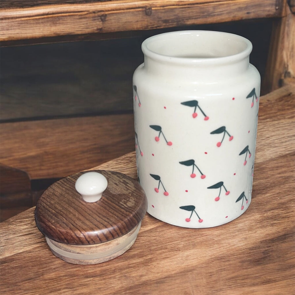 SOULCRAFTZ Handpainted Ceramic Jars with Airtight Wooden Lid | Kitchen Storage | Multipurpose Barni | Pickle jar Storage Container | Dining Table Container | 900ML | Set of 2
