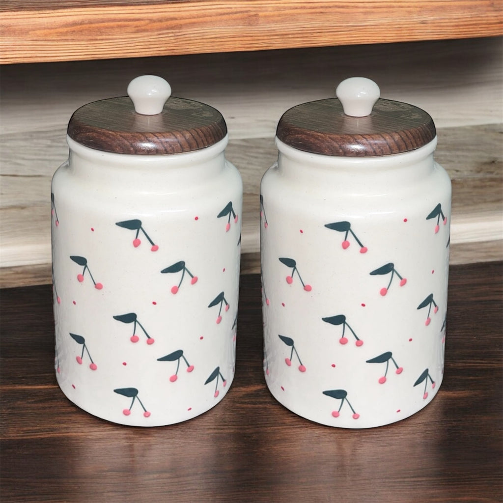 SOULCRAFTZ Handpainted Ceramic Jars with Airtight Wooden Lid | Kitchen Storage | Multipurpose Barni | Pickle jar Storage Container | Dining Table Container | 900ML | Set of 2