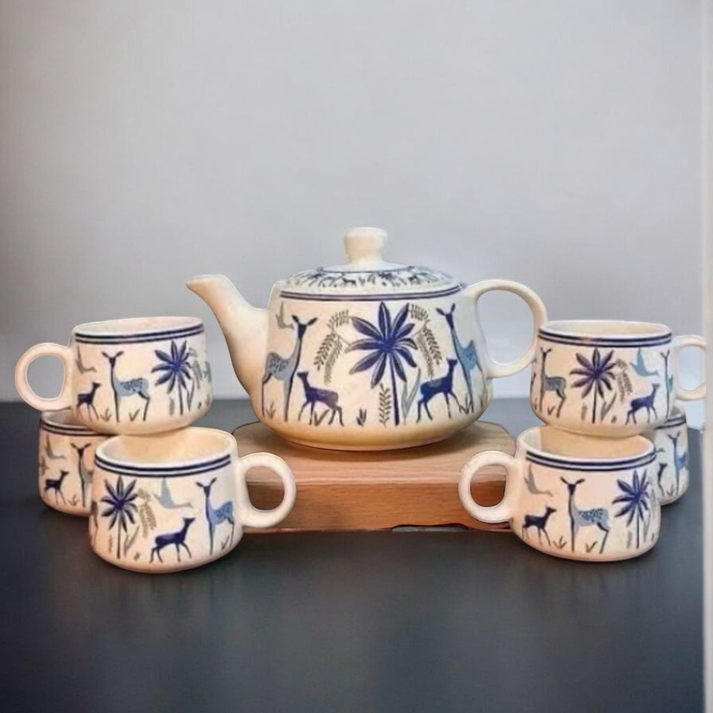SOULCRAFTZ Hand-Painted Ceramic Coffee and Tea Cups Set with Kettle - Set of 7, Perfect for Gifting (Forest)
