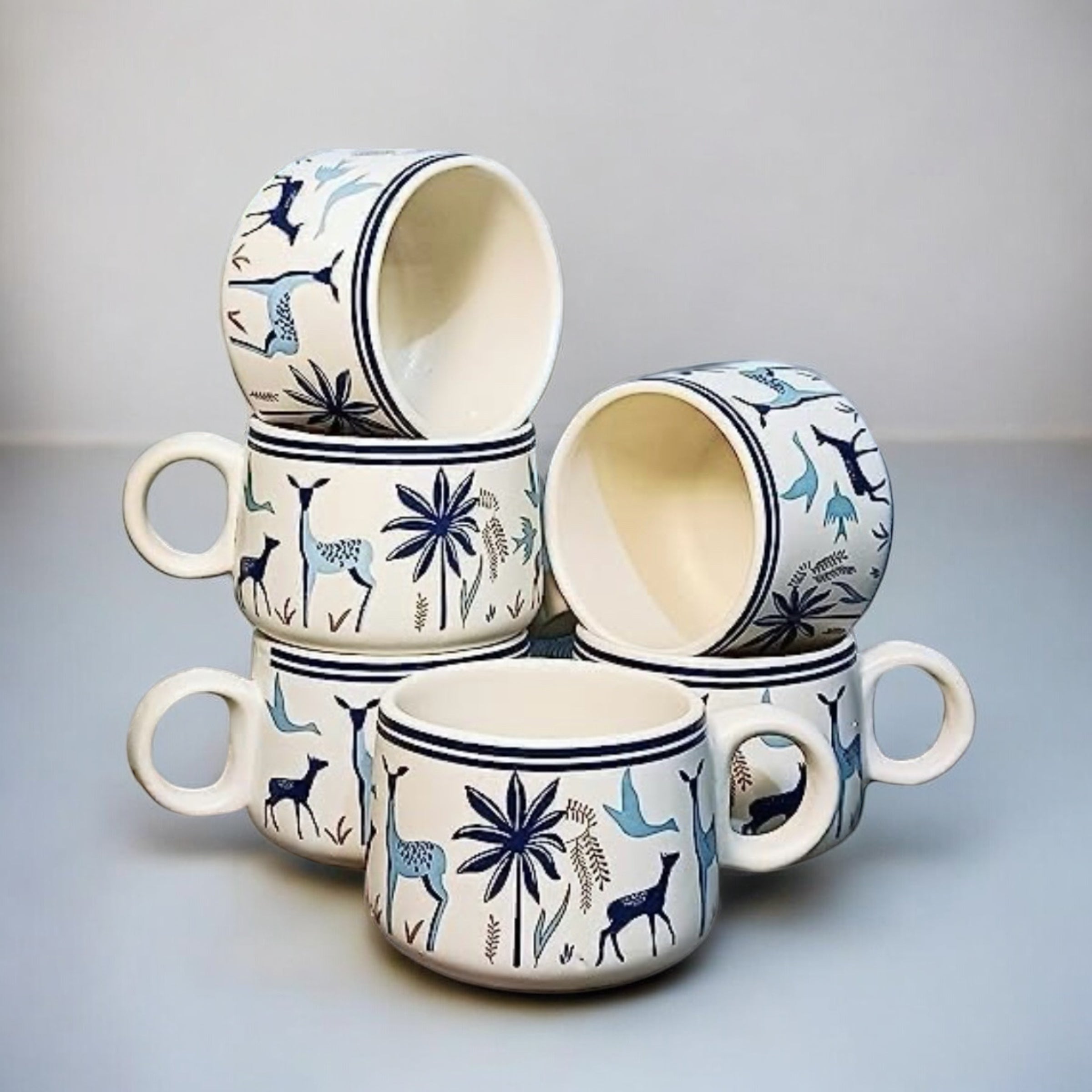 SOULCRAFTZ Adventure Edition Coffee & Tea Cups With Modern Art Work Of Alive Deer And Floral Print, Set Of 6(White, 150ml)