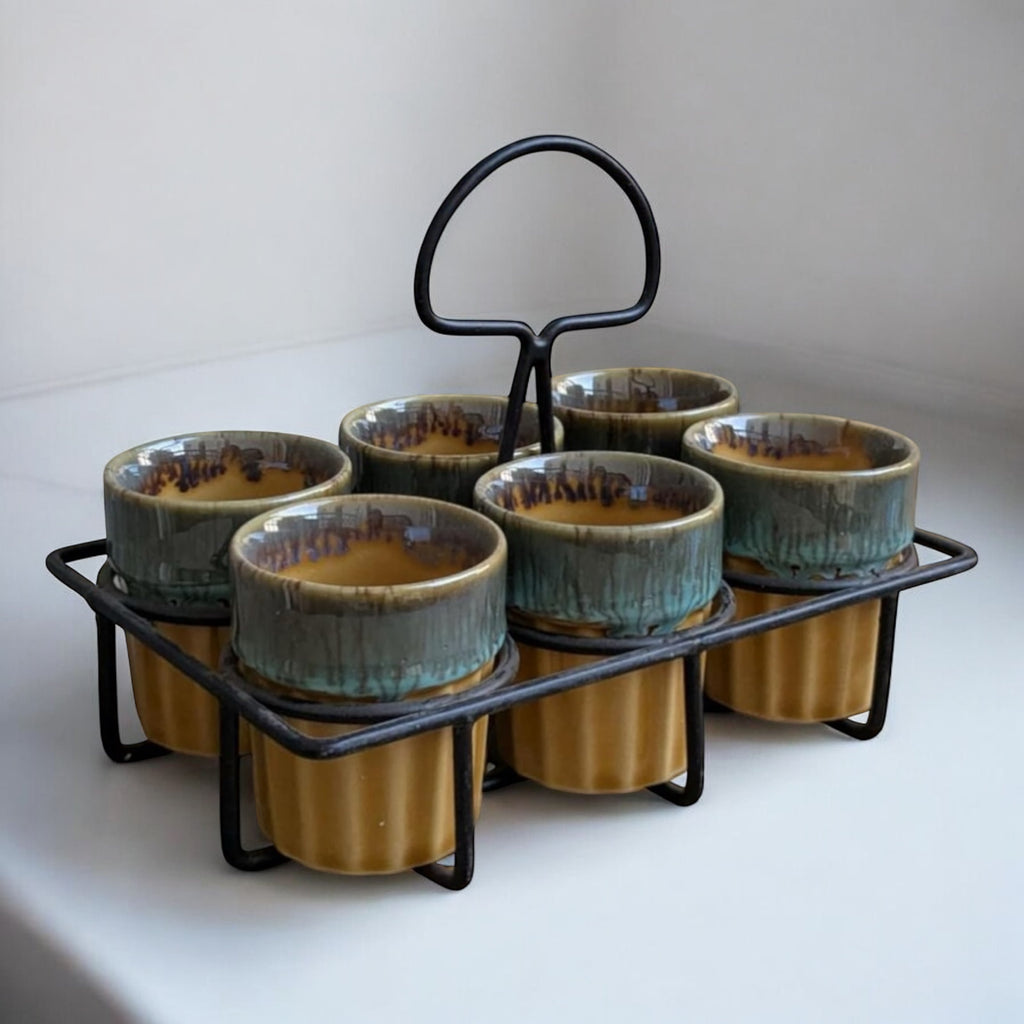 SOULCRAFTZ Dual Glazed Edition Coffee & Tea Cups With Wire Holder & Elegant Studio Pottery, Set Of 6(Multicolour, 120ml)