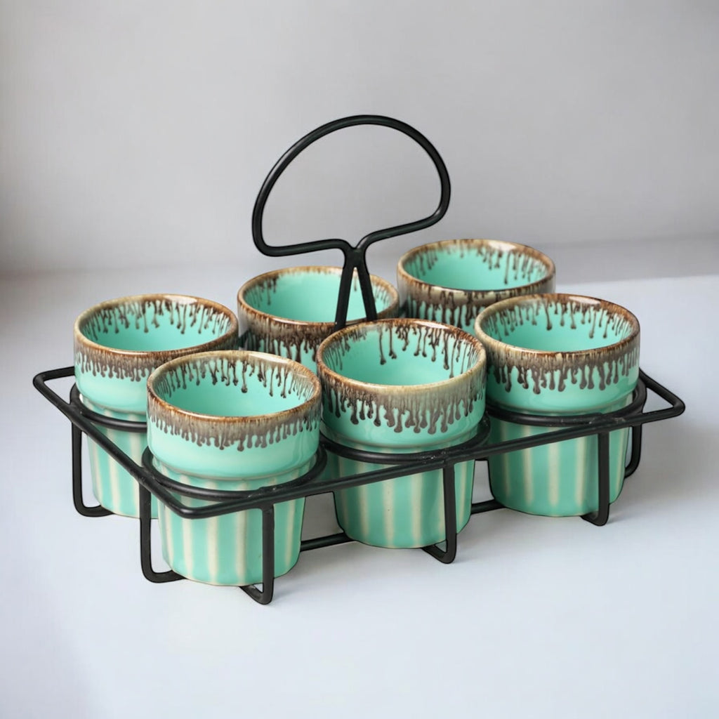 SOULCRAFTZ Dual Glazed Edition Coffee & Tea Cups With Wire Holder & Elegant Studio Pottery, Set Of 6(Multicolour, 120ml)