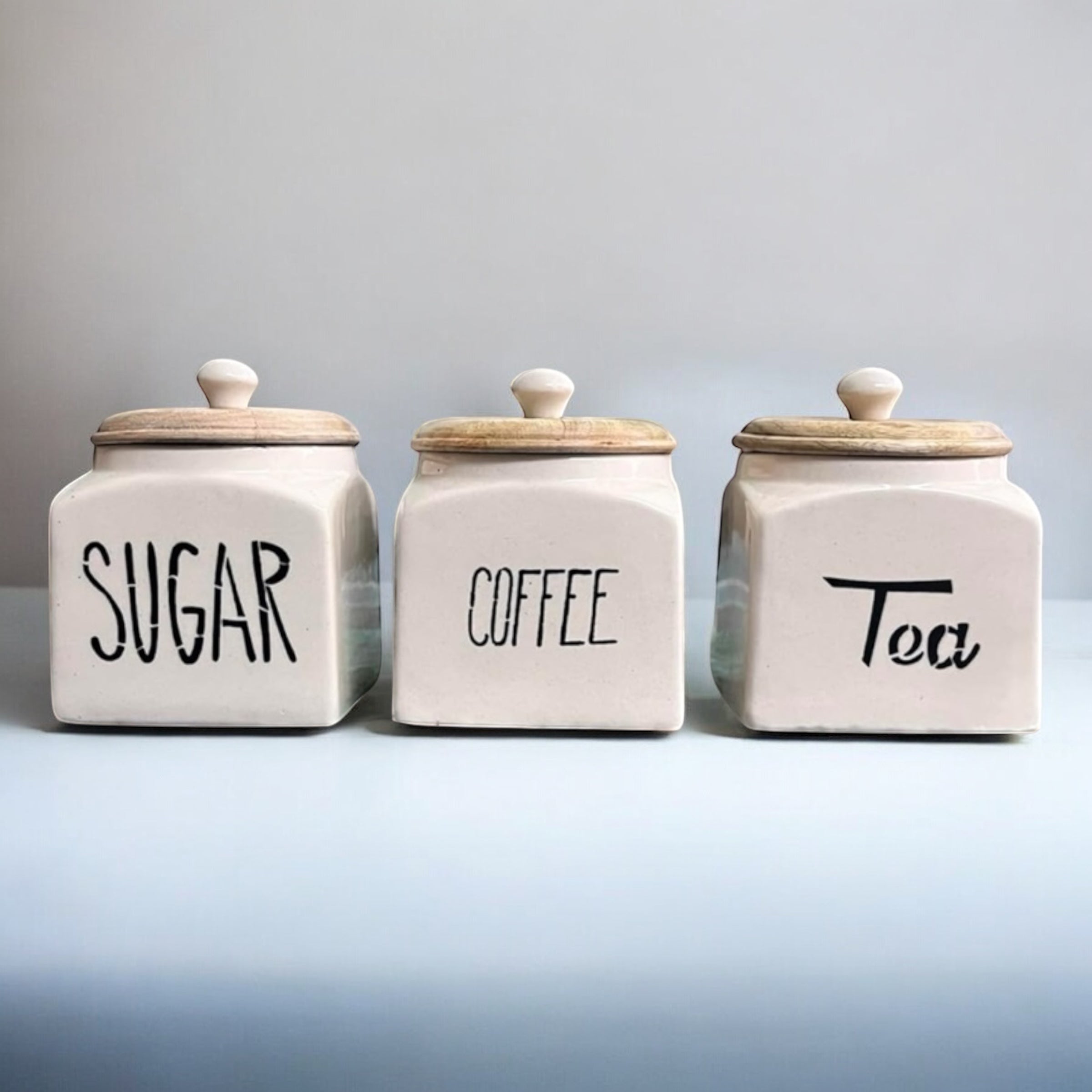 SOULCRAFTZ Ceramic Tea Coffee Sugar Canister Set of 3 | Ceramic Kitchen Airtight Storage Canister with Airtight Wooden Lid