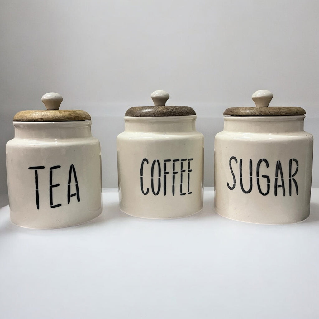 SOULCRAFTZ Ceramic Tea Coffee Sugar Canister Set of 3 | Ceramic Kitchen Airtight Storage Canister with Airtight Wooden Lid