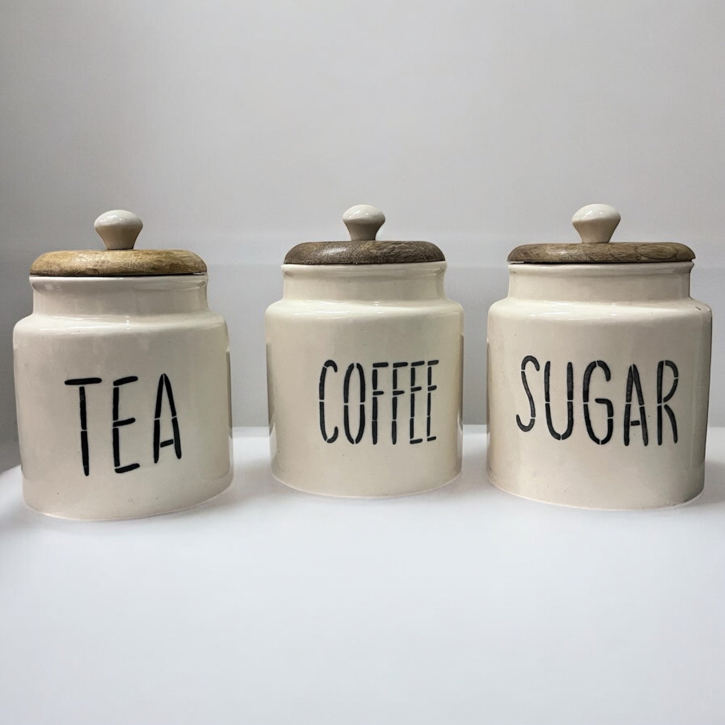 SOULCRAFTZ Ceramic Tea Coffee Sugar Canister Set of 3 | Ceramic Kitchen Airtight Storage Canister with Airtight Wooden Lid