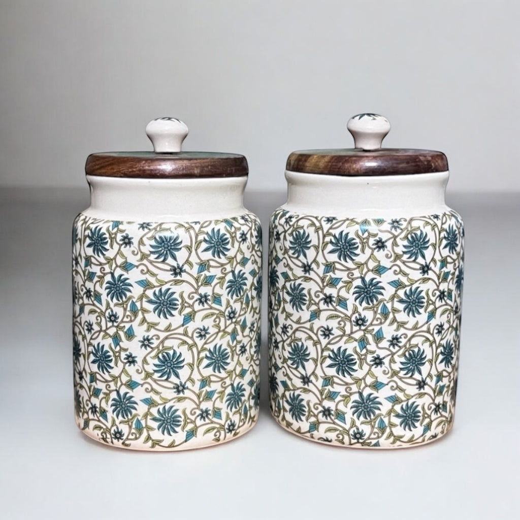 SOULCRAFTZ Handcrafted Ceramic Jars with Airtight Wooden Lid | Kitchen Storage | Multipurpose Barni | Pickle jar Storage Container | Dining Table Container | 900ML | Matte Finish | Floral Pattern| Set of 2