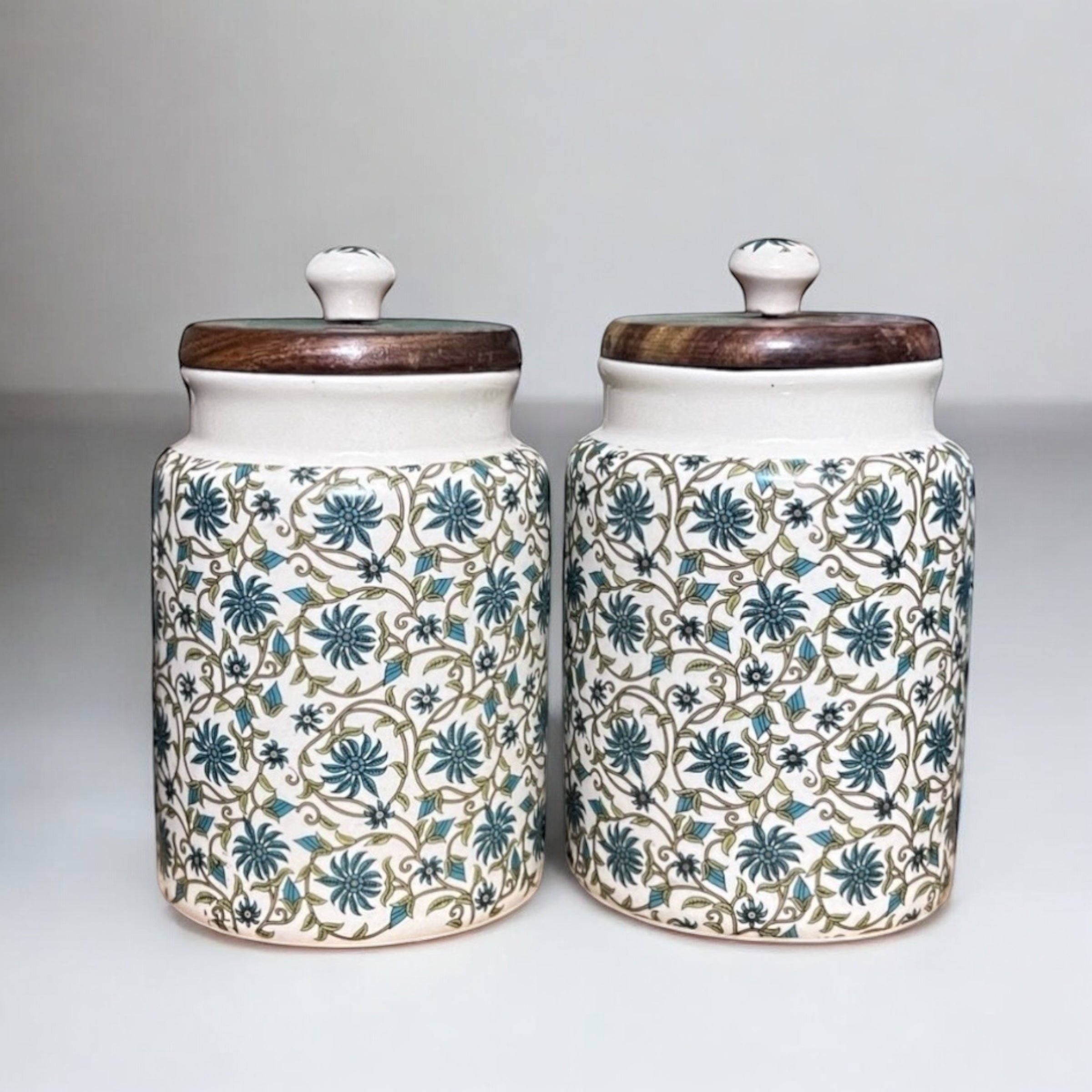 SOULCRAFTZ Handcrafted Ceramic Jars with Airtight Wooden Lid | Kitchen Storage | Multipurpose Barni | Pickle jar Storage Container | Dining Table Container | 900ML | Matte Finish | Floral Pattern| Set of 2