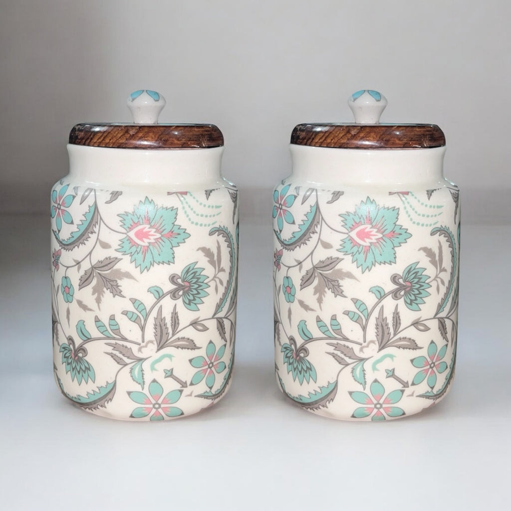 SOULCRAFTZ Handcrafted Ceramic Jars with Airtight Wooden Lid | Kitchen Storage | Multipurpose Barni | Pickle jar Storage Container | Dining Table Container | 900ML | Matte Finish | Floral Pattern| Set of 2