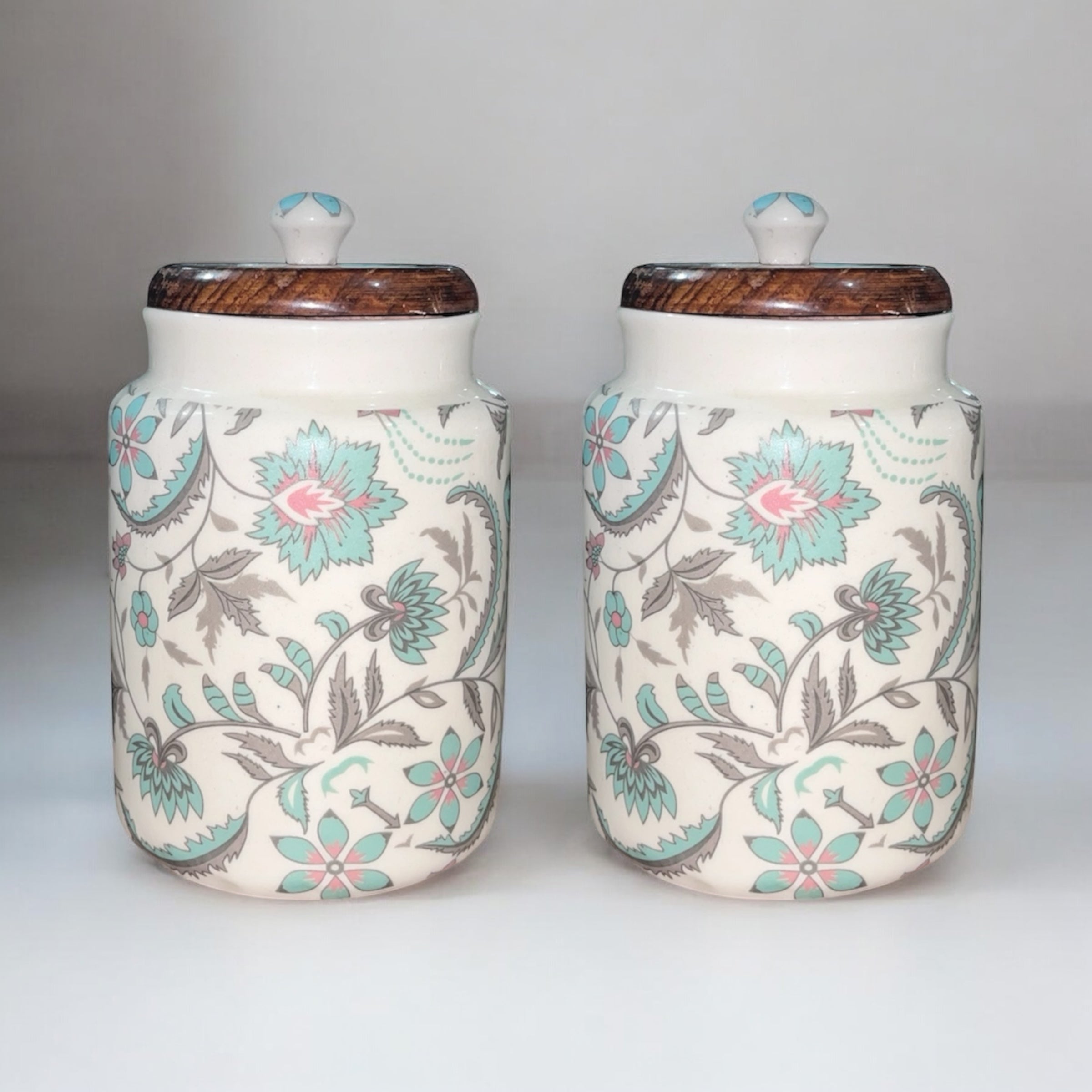 SOULCRAFTZ Handcrafted Ceramic Jars with Airtight Wooden Lid | Kitchen Storage | Multipurpose Barni | Pickle jar Storage Container | Dining Table Container | 900ML | Matte Finish | Floral Pattern| Set of 2