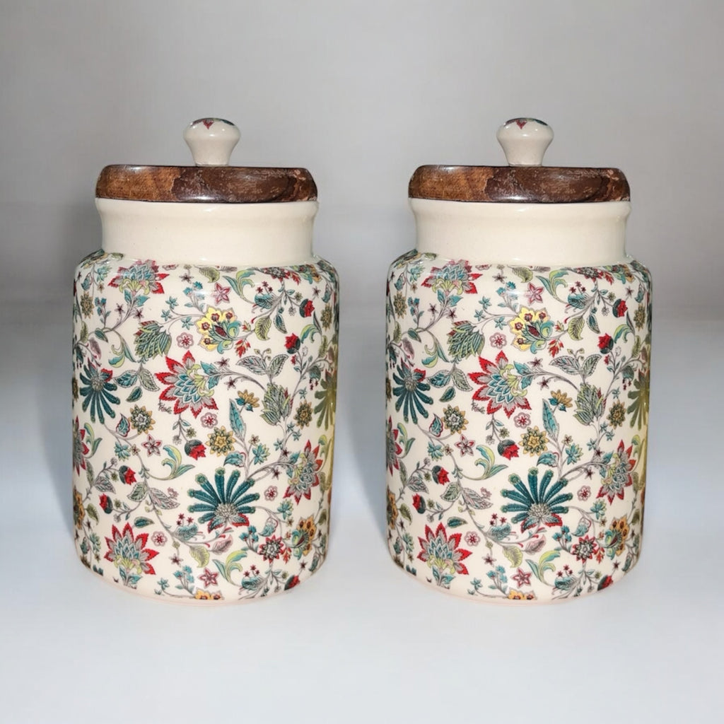 SOULCRAFTZ Handcrafted Ceramic Jars with Airtight Wooden Lid | Kitchen Storage | Multipurpose Barni | Pickle jar Storage Container | Dining Table Container | 900ML | Matte Finish | Floral Pattern| Set of 2