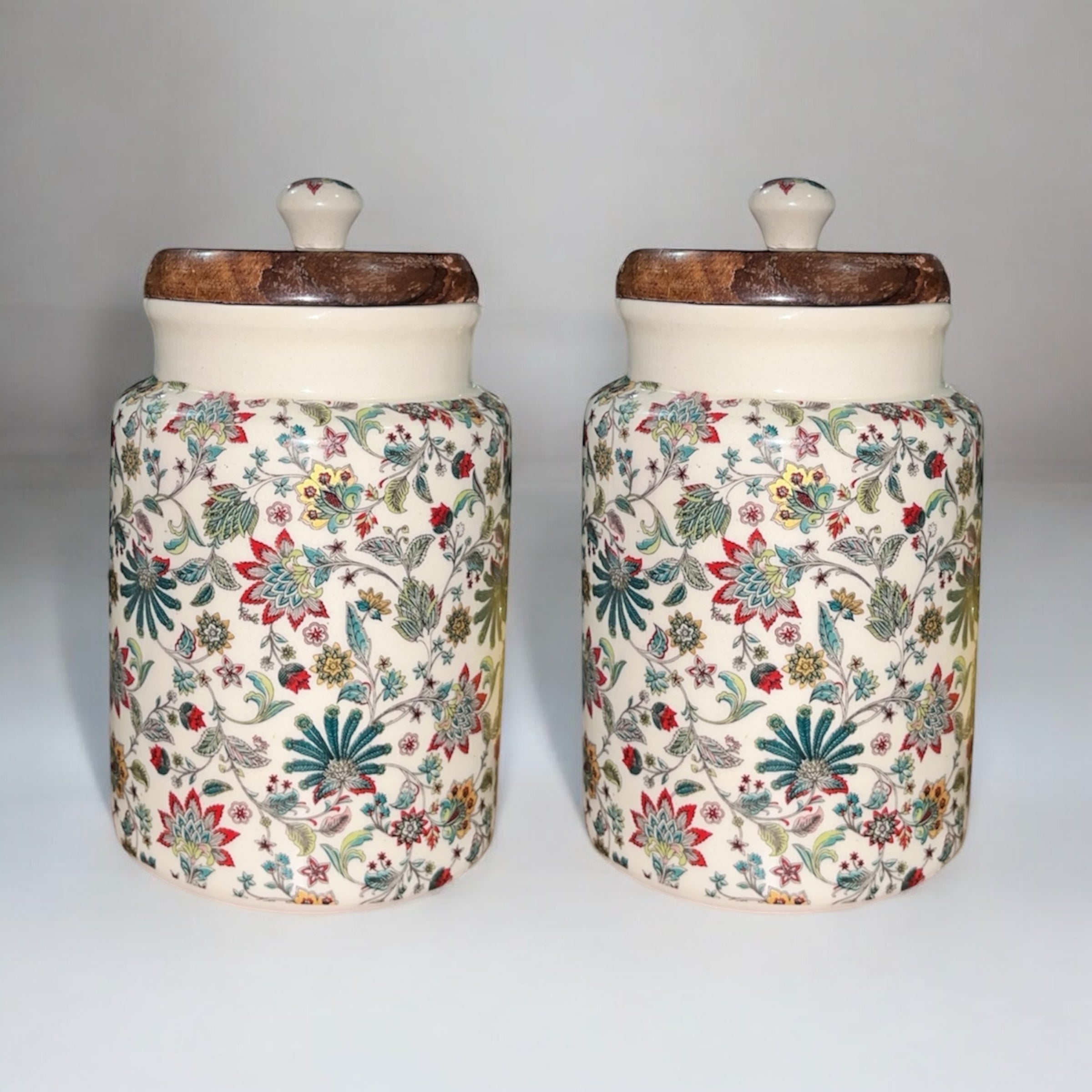 SOULCRAFTZ Handcrafted Ceramic Jars with Airtight Wooden Lid | Kitchen Storage | Multipurpose Barni | Pickle jar Storage Container | Dining Table Container | 900ML | Matte Finish | Floral Pattern| Set of 2