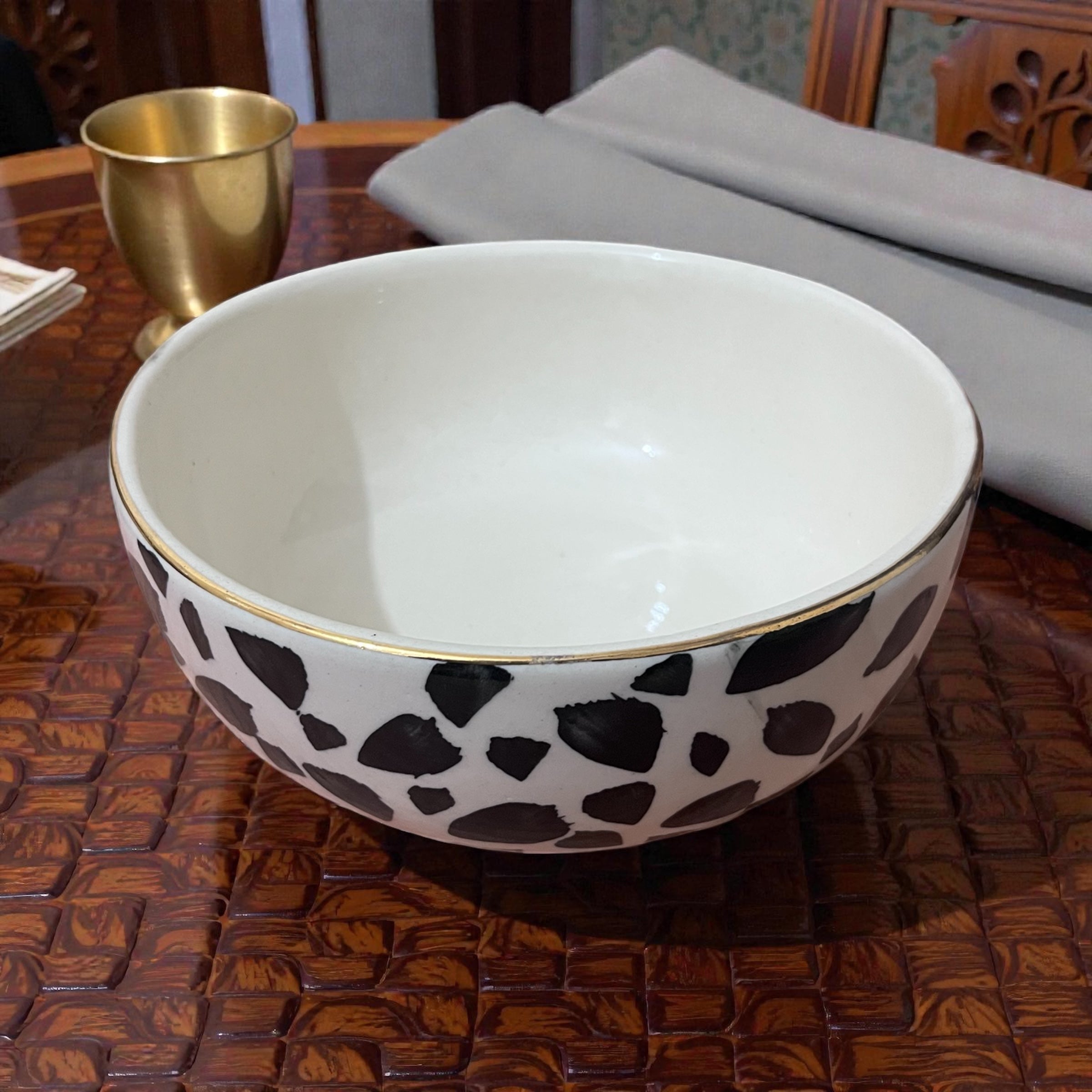 SOULCRAFTZ Elegant Ceramic Serving Bowl – Black Pattern with Gold Rim (8-inch Multipurpose Bowl)