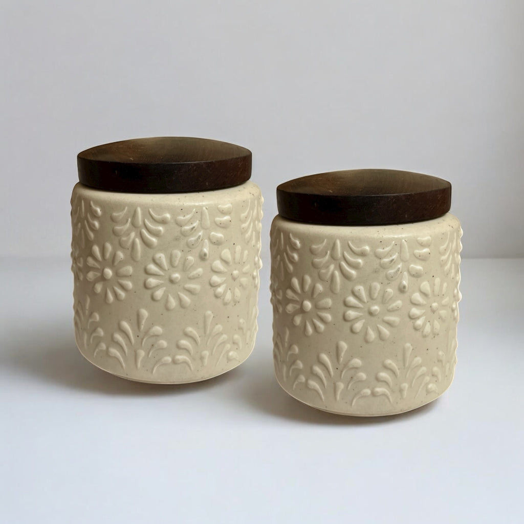 Ceramic Jars | Airtight Wooden Lid | 400ML | Set of 2 | Kitchen Storage