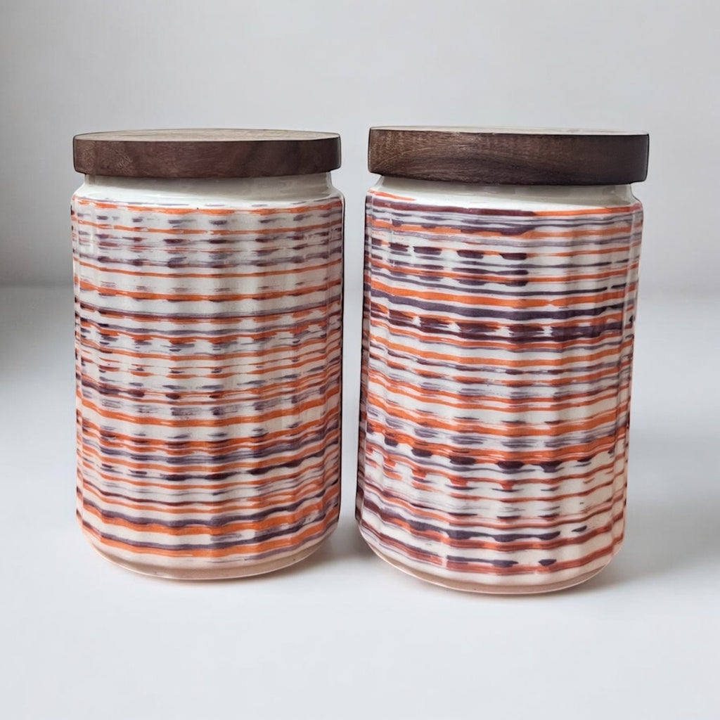 Ceramic Jars | Airtight Wooden Lid | 720ML | Set of 2 | Line Print | Kitchen Storage