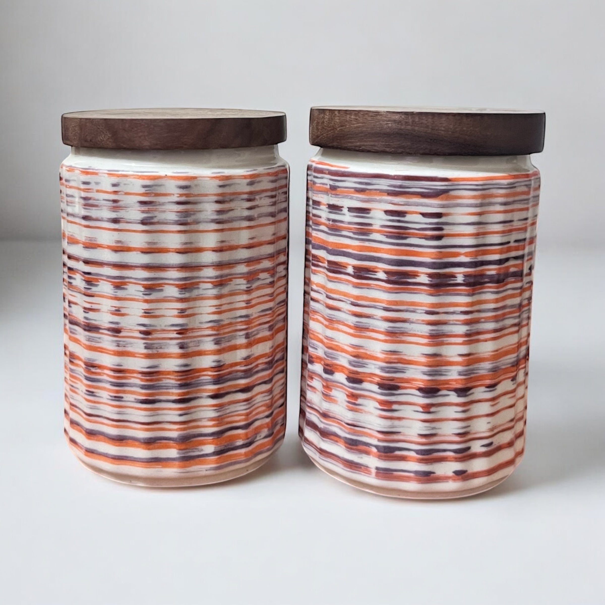 Ceramic Jars | Airtight Wooden Lid | 720ML | Set of 2 | Line Print | Kitchen Storage