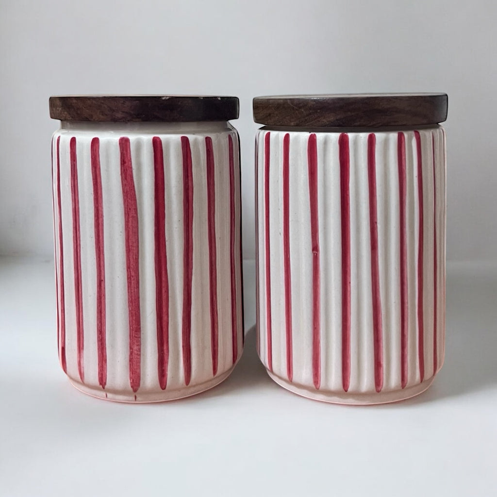 Ceramic Jars | Airtight Wooden Lid | 720ML | Set of 2 | Line Print | Kitchen Storage