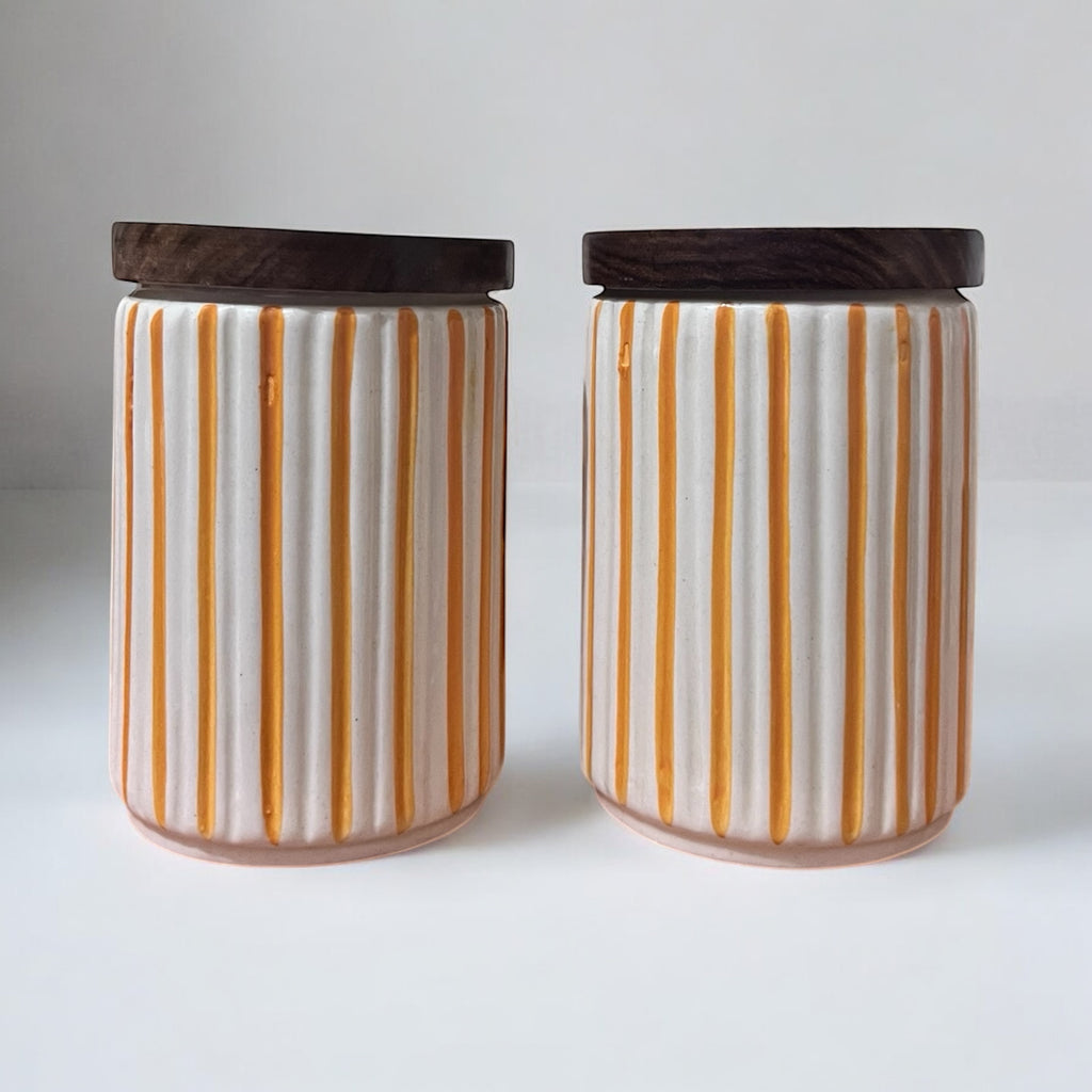 Ceramic Jars | Airtight Wooden Lid | 720ML | Set of 2 | Line Print | Kitchen Storage