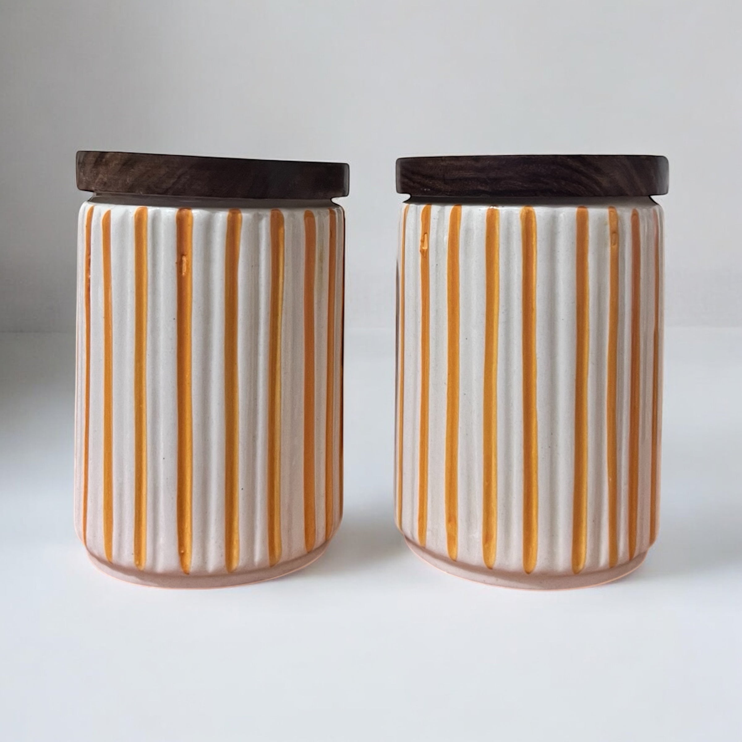 Ceramic Jars | Airtight Wooden Lid | 720ML | Set of 2 | Line Print | Kitchen Storage