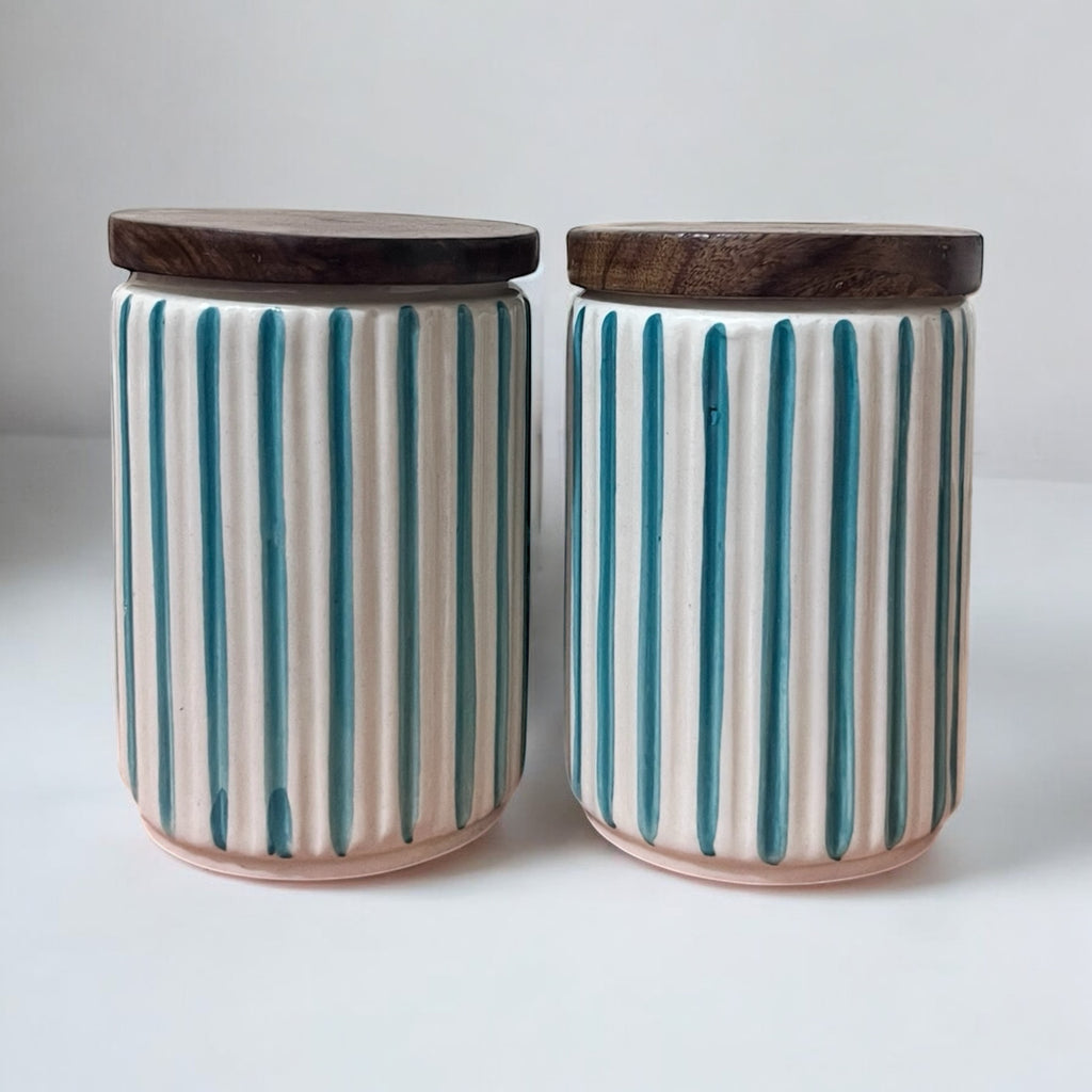 Ceramic Jars | Airtight Wooden Lid | 720ML | Set of 2 | Line Print | Kitchen Storage