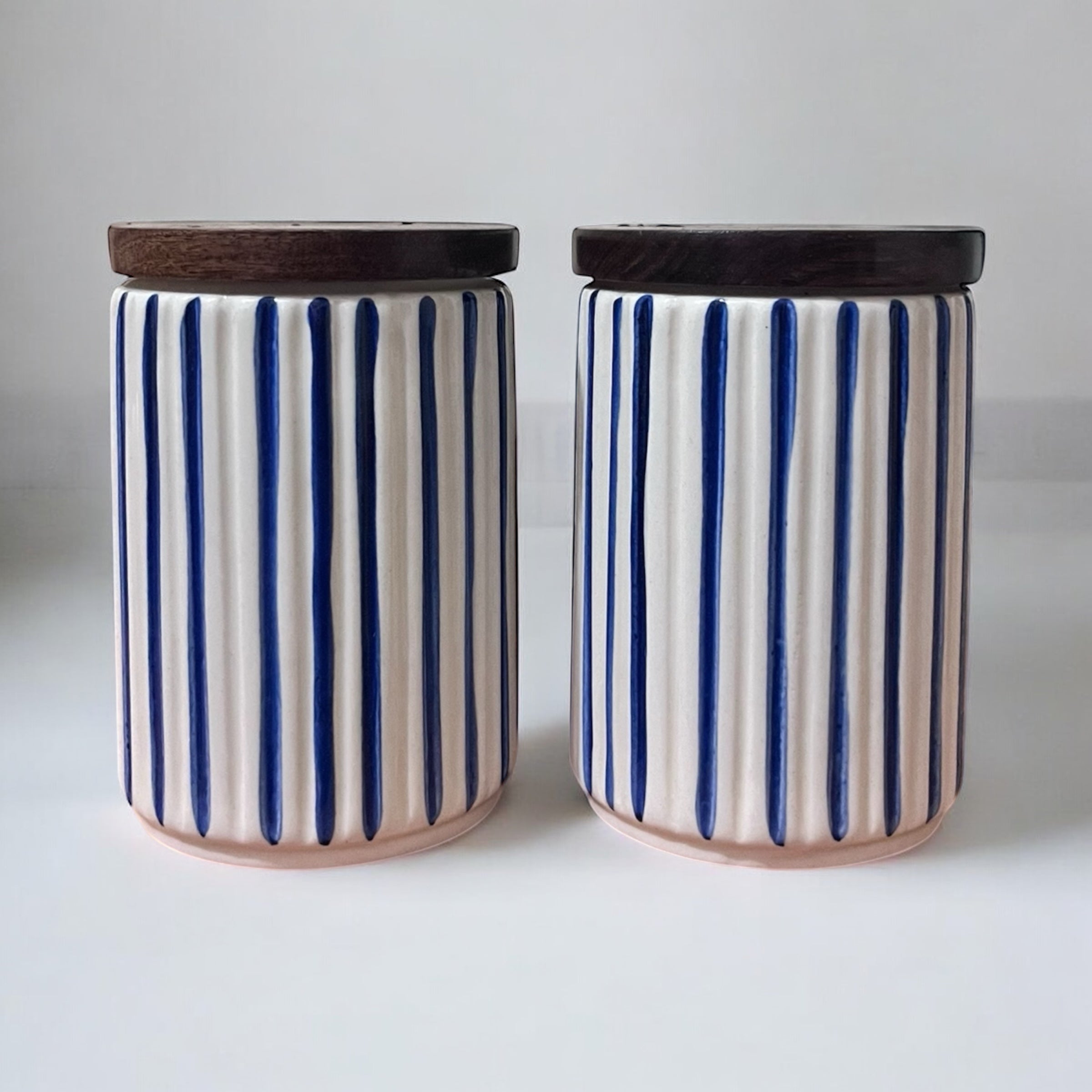 Ceramic Jars | Airtight Wooden Lid | 720ML | Set of 2 | Line Print | Kitchen Storage