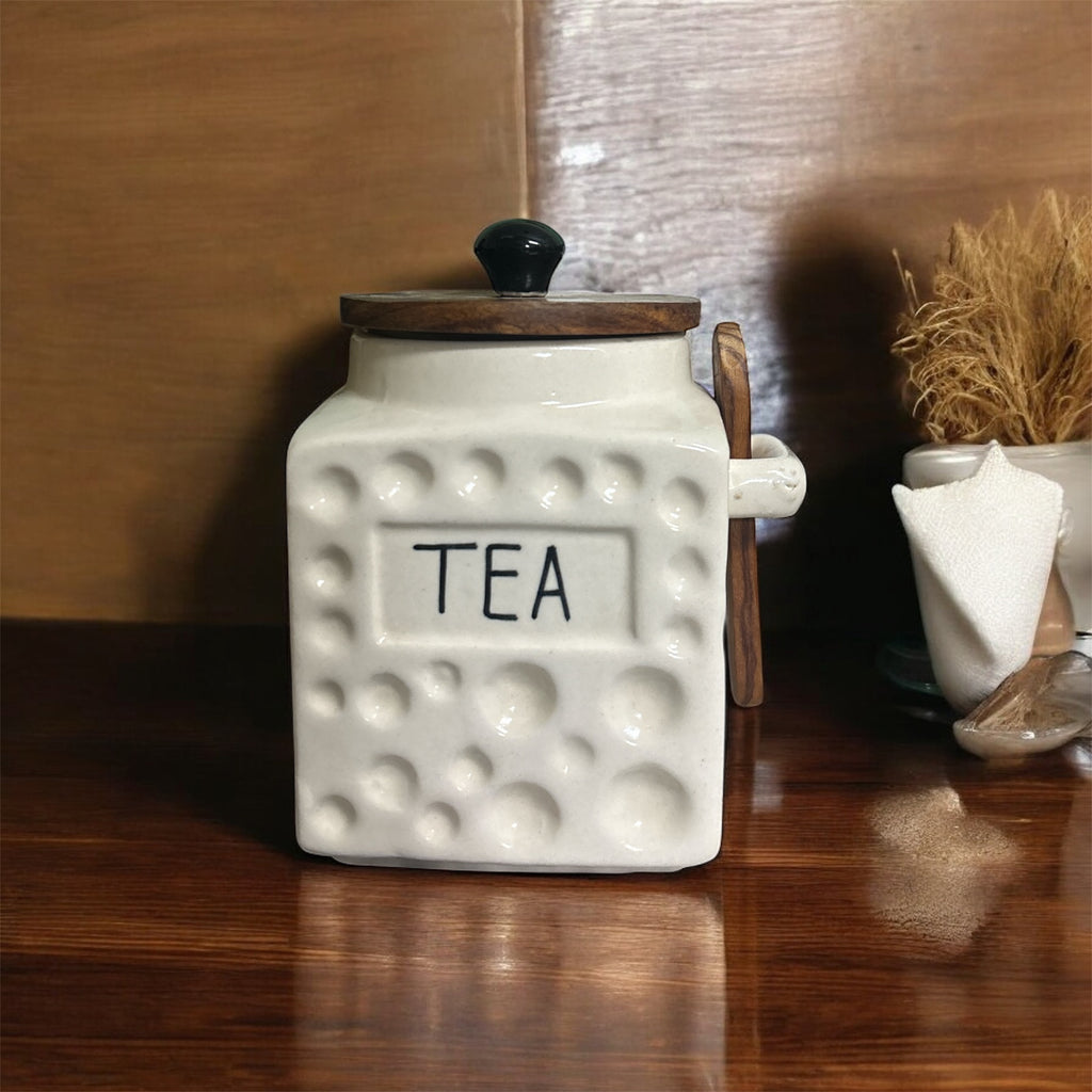 SOULCRAFTZ Embossed Ceramic Tea & Sugar Jar Set with Wooden Lid and Spoon – Square