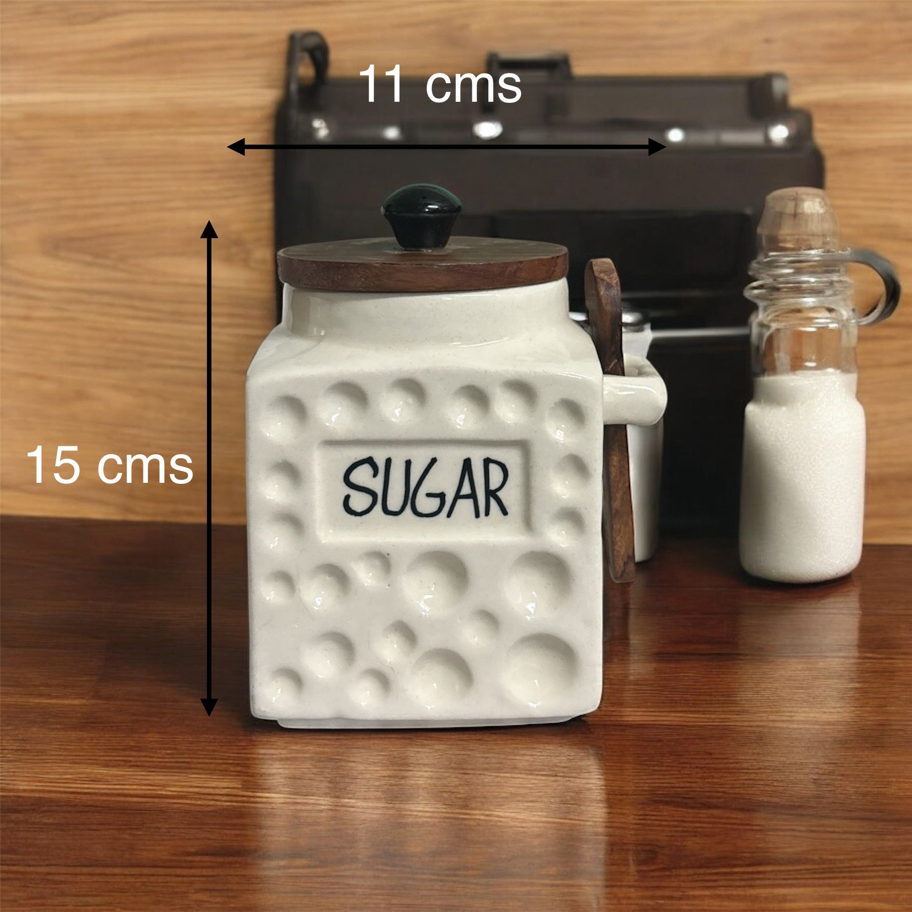 SOULCRAFTZ Embossed Ceramic Tea & Sugar Jar Set with Wooden Lid and Spoon – Square