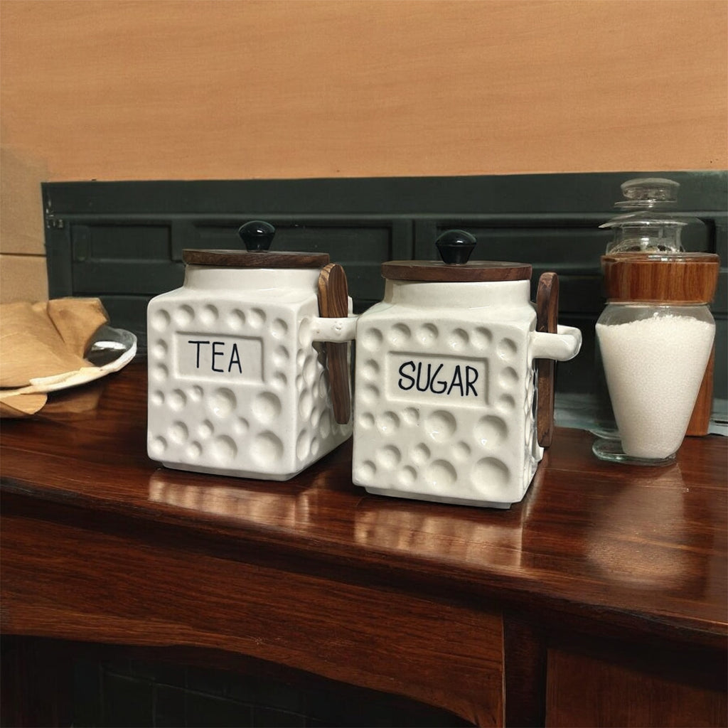 SOULCRAFTZ Embossed Ceramic Tea & Sugar Jar Set with Wooden Lid and Spoon – Square