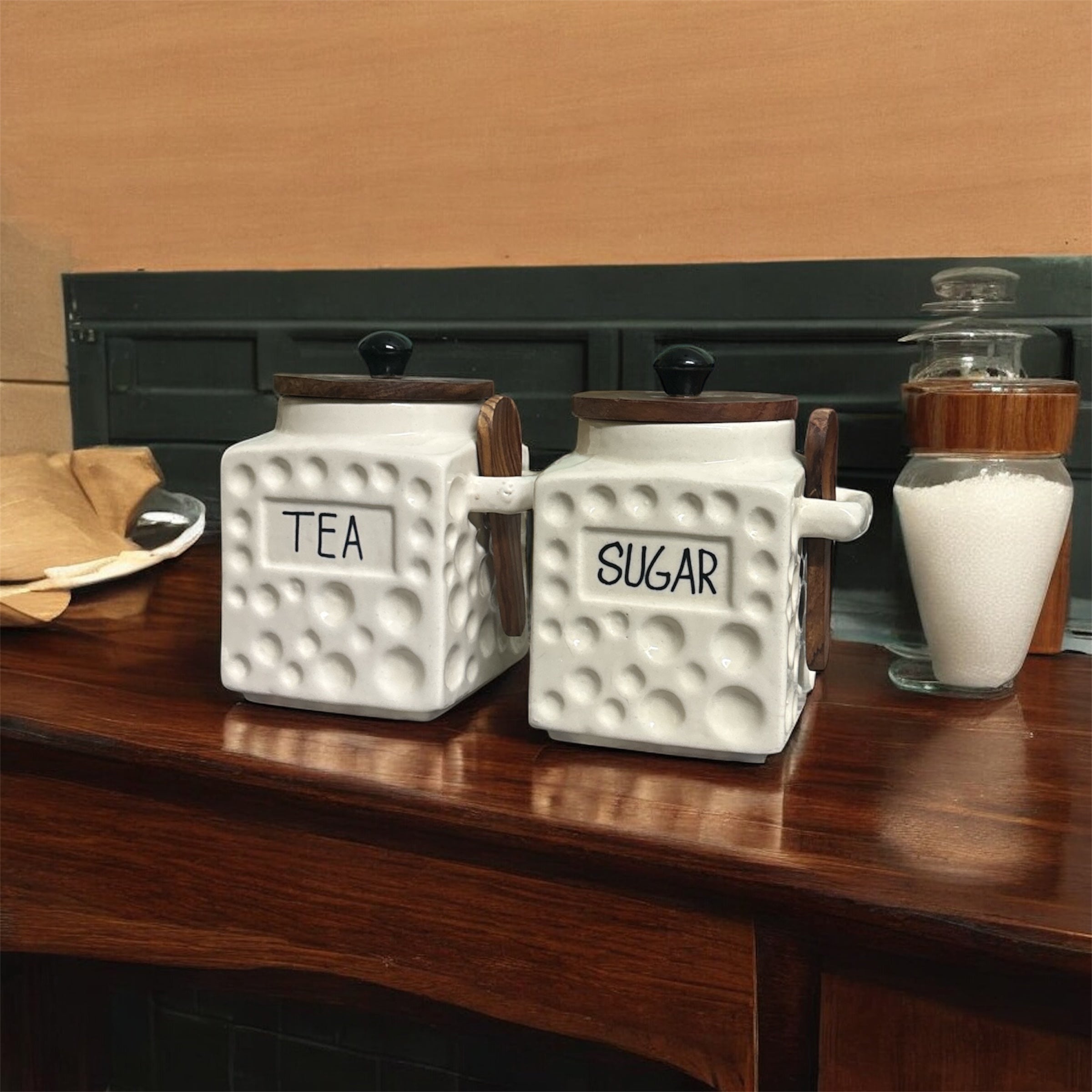 SOULCRAFTZ Embossed Ceramic Tea & Sugar Jar Set with Wooden Lid and Spoon – Square