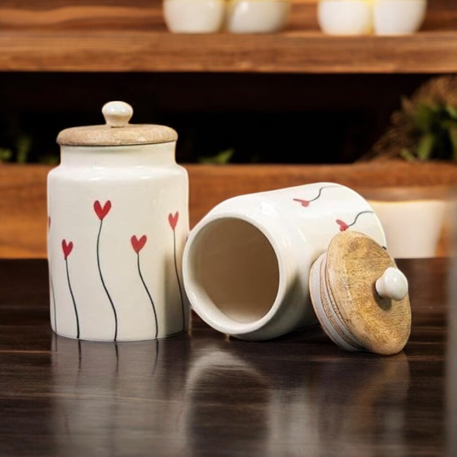 SOULCRAFTZ Handpainted Ceramic Jars with Airtight Wooden Lid | Kitchen Storage | Multipurpose Barni | Pickle jar Storage Container | Dining Table Container | 900ML | Set of 2