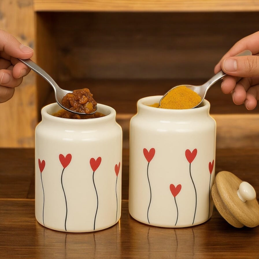 SOULCRAFTZ Handpainted Ceramic Jars with Airtight Wooden Lid | Kitchen Storage | Multipurpose Barni | Pickle jar Storage Container | Dining Table Container | 900ML | Set of 2