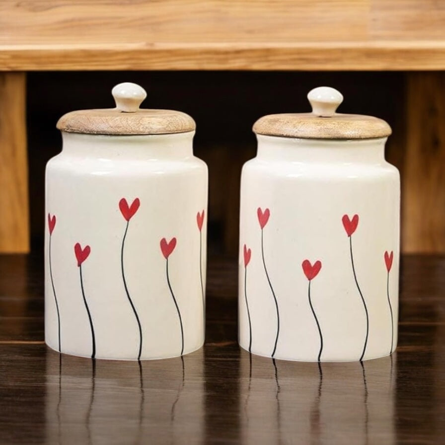 SOULCRAFTZ Handpainted Ceramic Jars with Airtight Wooden Lid | Kitchen Storage | Multipurpose Barni | Pickle jar Storage Container | Dining Table Container | 900ML | Set of 2