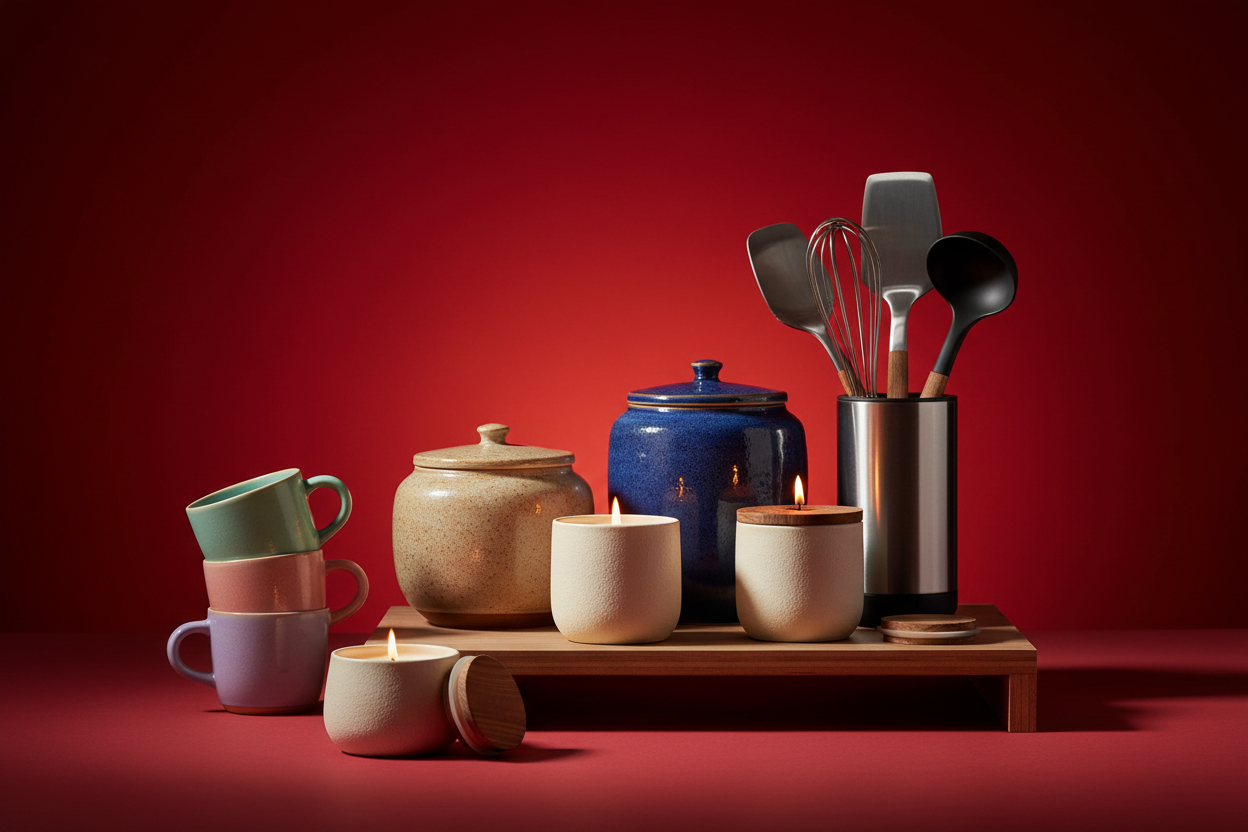 A red background and select candles, containers, kitchen sets and coffe mugs from my product list and those here 