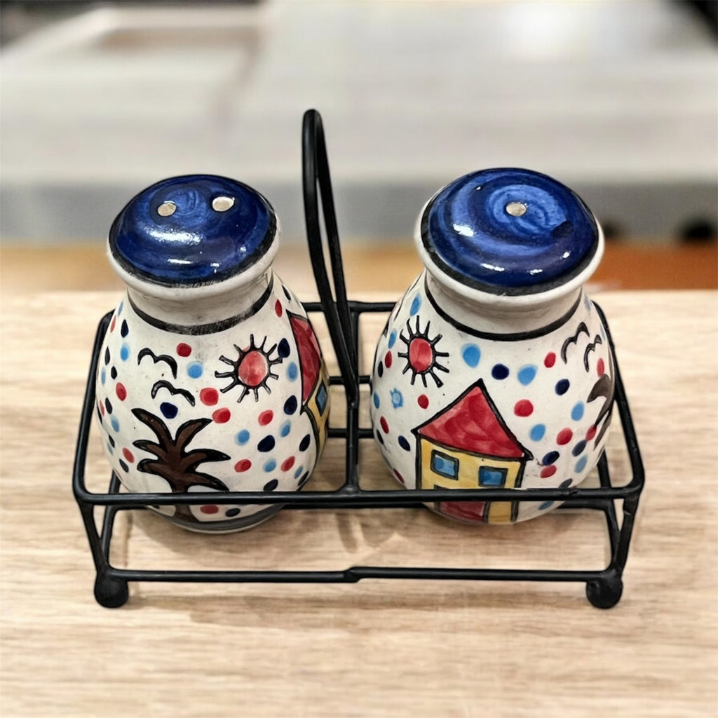 SOULCRAFTZ Salt Pepper Sprinkler Set for Dining Table & Kitchen Ceramic Salt and Pepper Shakers Set Dispenser Set with Wire Holders (80 ML)