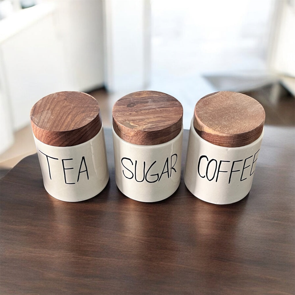 SOULCRAFTZ Ceramic Tea Coffee Sugar Canister Set of 3 | Ceramic Kitchen Airtight Storage Canister with Airtight Lid | Capacity Approx 300ML each