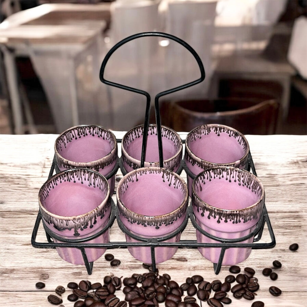 SOULCRAFTZ Dual Glazed Edition Coffee & Tea Cups With Wire Holder & Elegant Studio Pottery, Set Of 6(Multicolour, 120ml)