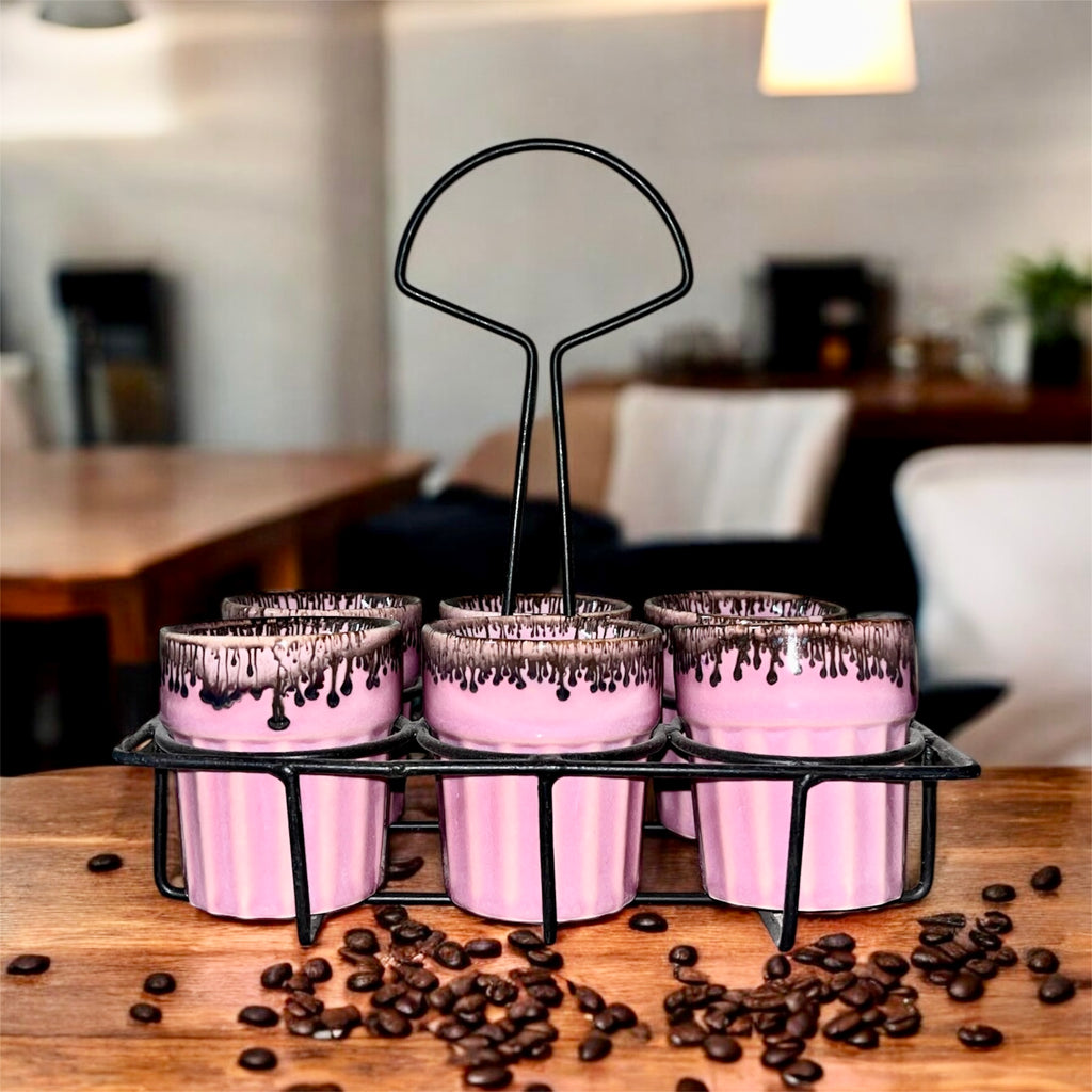 SOULCRAFTZ Dual Glazed Edition Coffee & Tea Cups With Wire Holder & Elegant Studio Pottery, Set Of 6(Multicolour, 120ml)