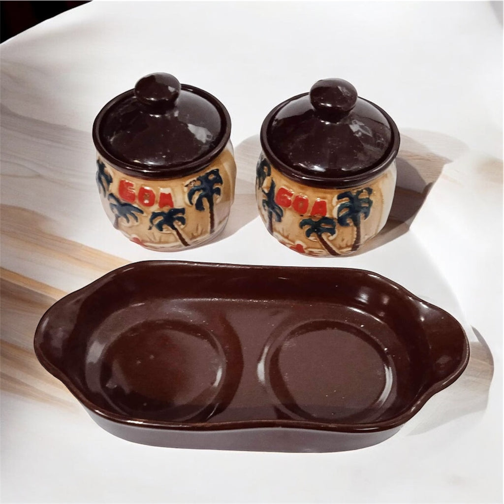 SOULCRAFTZ Ceramic Pickle Serving Jar Set with Tray | Condiment Set | Masala Container | Pickle and Chutney Jar Set for Dining Table | Goa Edition | 200ML Set of 2