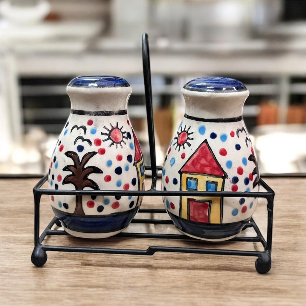 SOULCRAFTZ Salt Pepper Sprinkler Set for Dining Table & Kitchen Ceramic Salt and Pepper Shakers Set Dispenser Set with Wire Holders (80 ML)