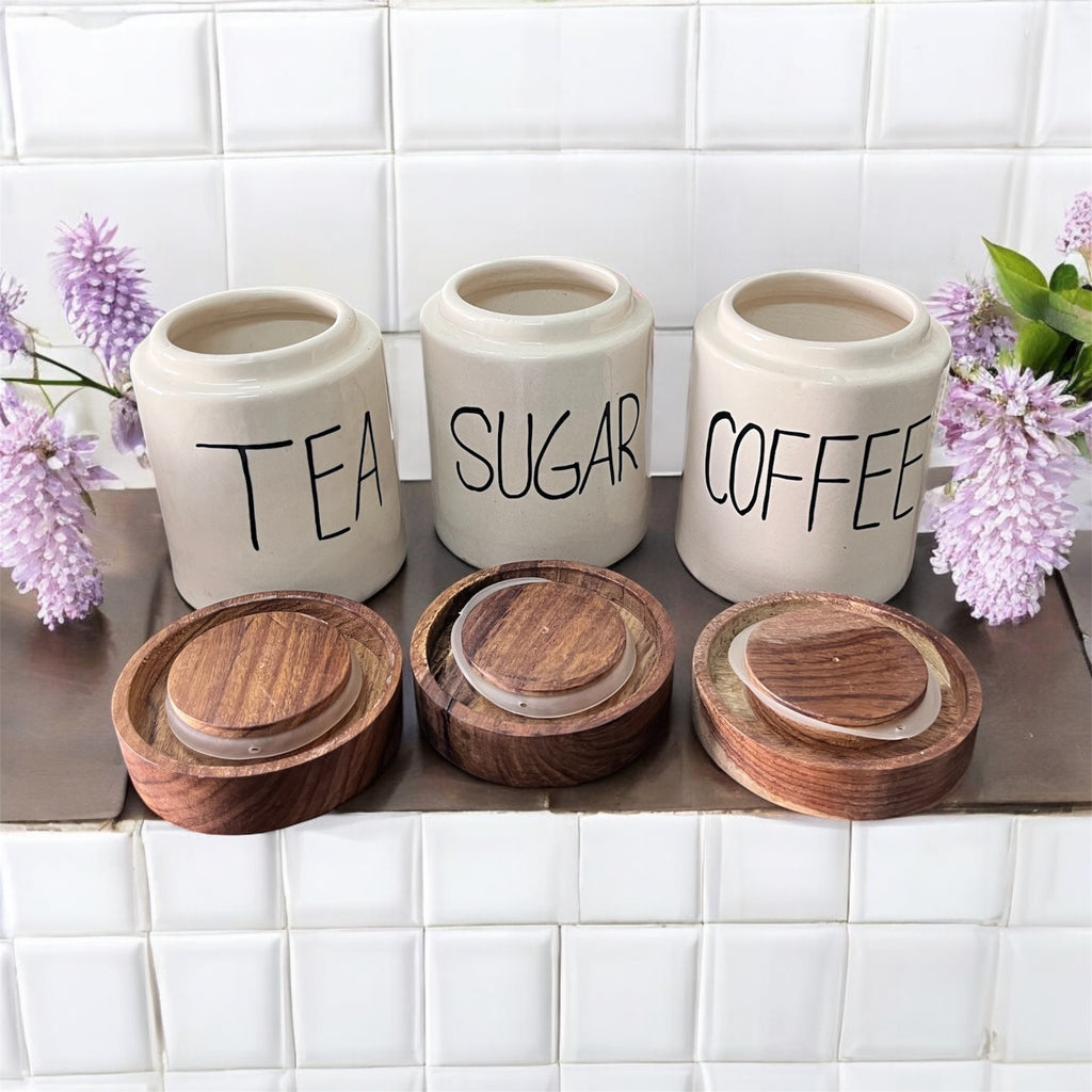 SOULCRAFTZ Ceramic Tea Coffee Sugar Canister Set of 3 | Ceramic Kitchen Airtight Storage Canister with Airtight Lid | Capacity Approx 300ML each
