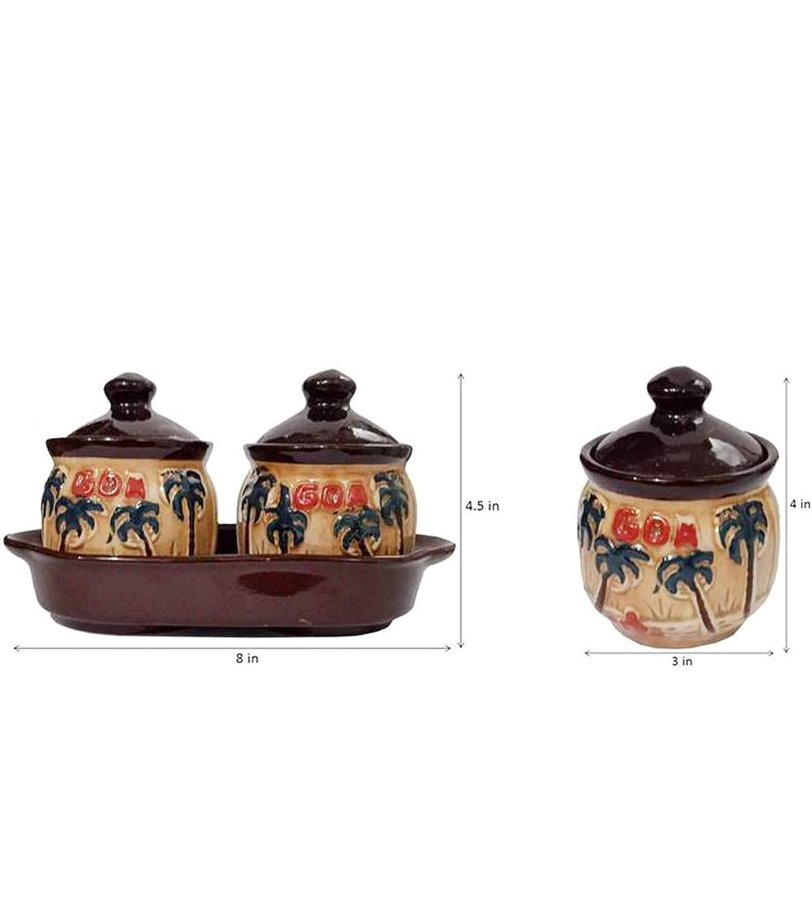 SOULCRAFTZ Ceramic Pickle Serving Jar Set with Tray | Condiment Set | Masala Container | Pickle and Chutney Jar Set for Dining Table | Goa Edition | 200ML Set of 2