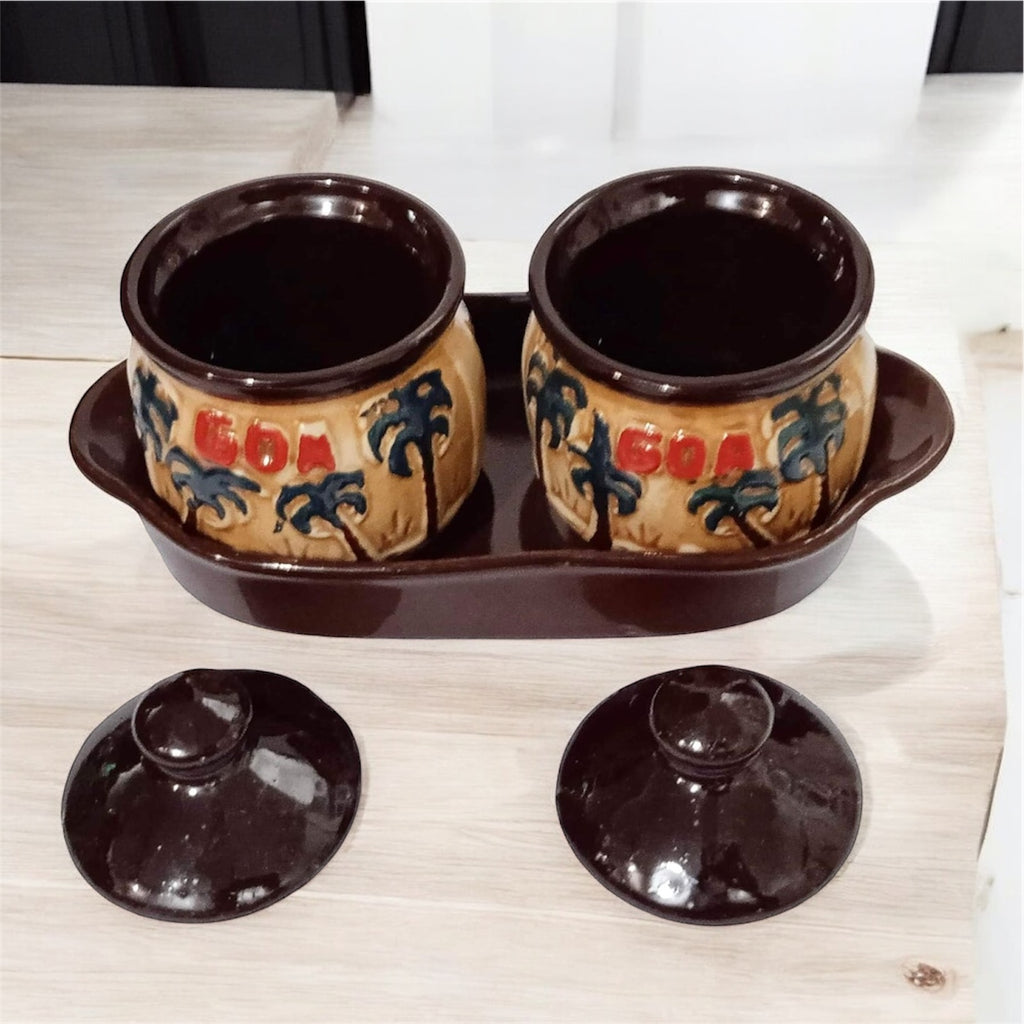 SOULCRAFTZ Ceramic Pickle Serving Jar Set with Tray | Condiment Set | Masala Container | Pickle and Chutney Jar Set for Dining Table | Goa Edition | 200ML Set of 2