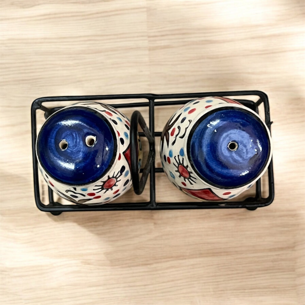 SOULCRAFTZ Salt Pepper Sprinkler Set for Dining Table & Kitchen Ceramic Salt and Pepper Shakers Set Dispenser Set with Wire Holders (80 ML)