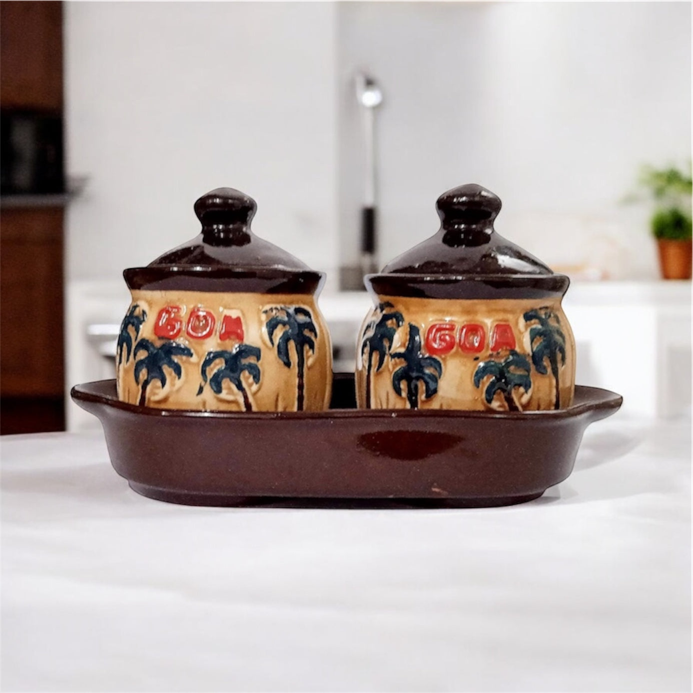 SOULCRAFTZ Ceramic Pickle Serving Jar Set with Tray | Condiment Set | Masala Container | Pickle and Chutney Jar Set for Dining Table | Goa Edition | 200ML Set of 2